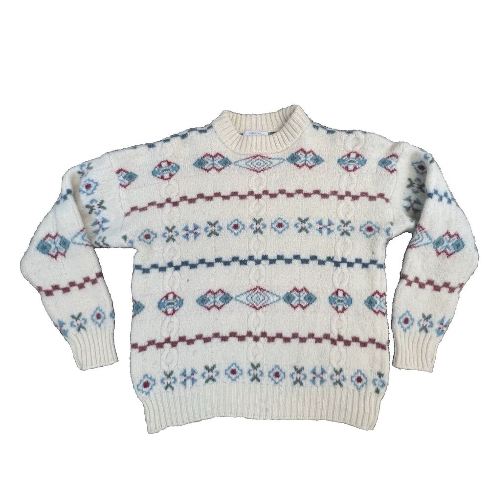 UNITED COLORS OF BENETTON FAIR ISLE WOOL SWEATER CREWNECK SZ LARGE VINTAGE